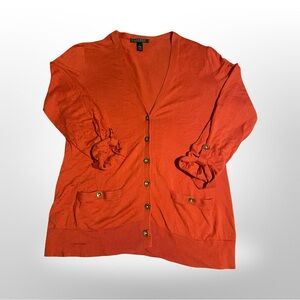 Lauren Ralph Lauren Orange Cardigan Sweater Women's Large Cotton LRL Long Sleeve